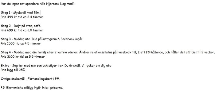 Textdokument listar kostnader och aktiviteter för Alla Hjärtans Dag; inkluderar filmkväll, dejt, middag ute och familjemiddag.