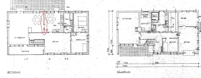 Arkitektritningar av bostadsplaner, bottenvåningen och källarplan, med mått och rumsmarkeringar.