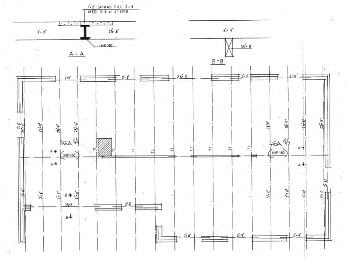 Arkitektonisk ritning, byggnadskonstruktion, måttangivelser, sektioner A-A och B-B, tekniskt diagram.