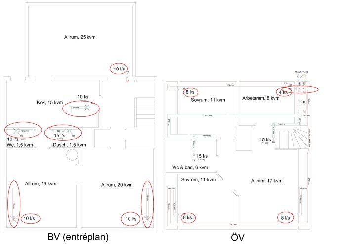 Planritning över två våningar, markerar rumstorlek och ventilation i liter per sekund.