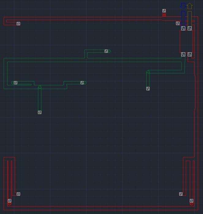 Elektriskt kretsschema eller PCB-layout med ledningar och komponentplatser på mörk bakgrund.