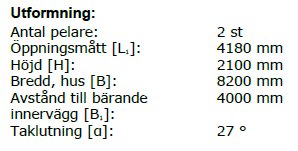 Teknisk specifikation för byggnadsstruktur med mått på pelare, öppningar, höjd, bredd, avstånd och taklutning på svenska.