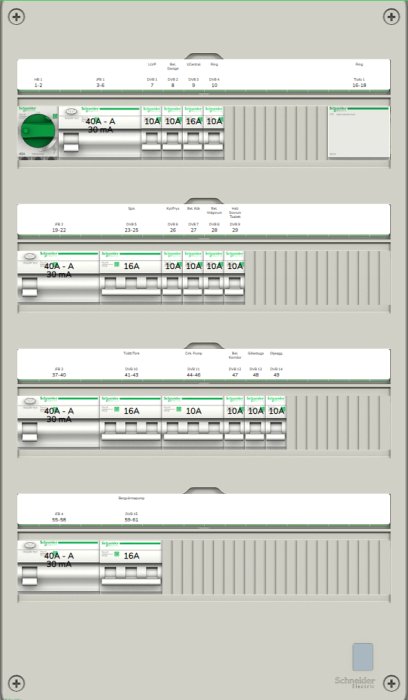 Elektriskt schemas utkast med fördelningspaneler, säkringar, och märkt med tekniska specifikationer.