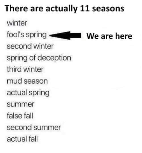 Humoristiska namn på elva "säsonger," markör vid "fool's spring." Skämtsamt om väderförändringar.