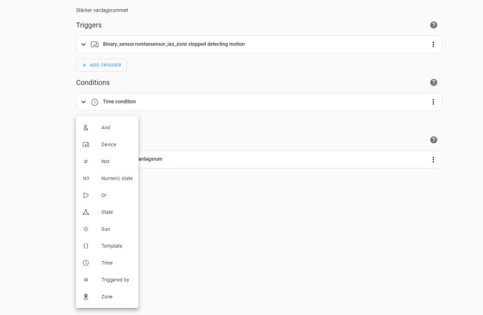 Användargränssnitt för automation med utlösare, villkor och valmöjligheter. Rörelsesensor upphörde detektera rörelse.
