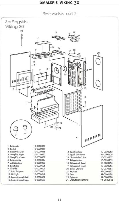 Explosionsritning och reservdelslista för spis, Viking 30, köksutrustning, detaljerad, numrerad, illustration, sida 11.