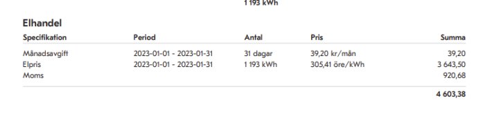 Faktura för el med specifikation, period, antal, pris och summa inklusive moms.
