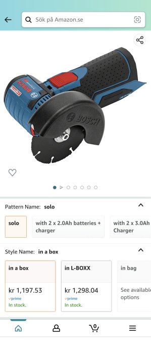 Bosch blå sladdlös vinkelslipare, produktvalssida på Amazon.se, olika paket och priser.