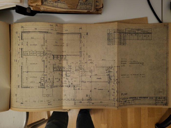 Gammal arkitektritning av husplan, detaljerad, på ett bord, person fotograferande, synliga fötter.