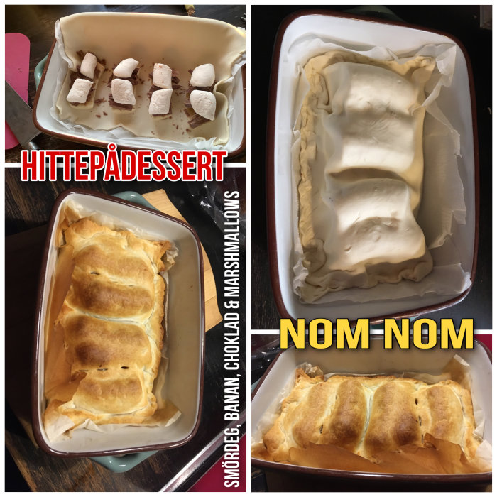 Fyra stadier av efterrättstillverkning visas, med ingredienser som banan, choklad, marshmallows och smördeg.
