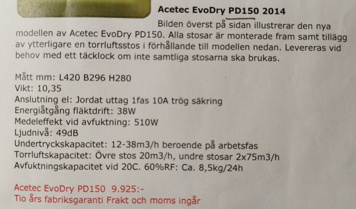 Teknisk specifikation för Acetec EvoDry PD150 avfuktare med priser och momsuppgifter.