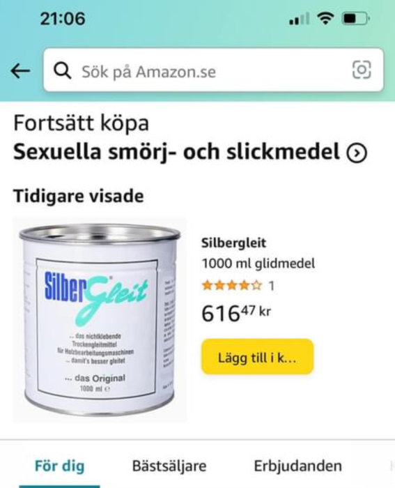 Skärmbild från Amazon.se visar produkt för "Sexuella smörj- och slickmedel" i en behållare som liknar färgburk.