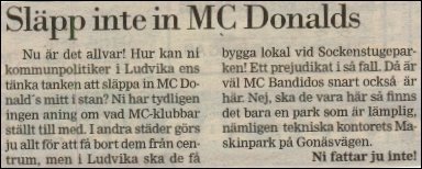 Utdrag ur tidningsartikel med rubriken "Släpp inte in McDonald's", debatt om etablering av snabbmatsrestaurang i Ludvika.