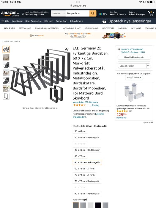 Skärmbild från Amazon.se som visar industriella bordben i svart för möbler.