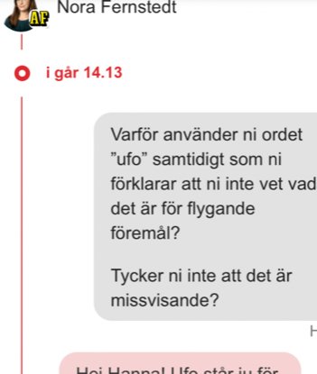 Skärmdump av en textkonversation, innehåller diskussion om termen "UFO", med fråga om dess relevans.