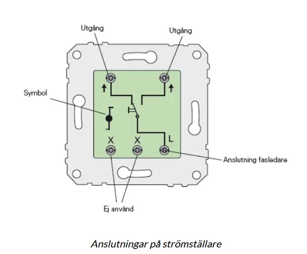 Schema för koppling av strömbrytare med märkningar för utgångar, symbol, och fasledareanslutning.