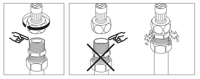 Instruktionsbilder visar steg för korrekt montering av en anordning med vattenflöde.