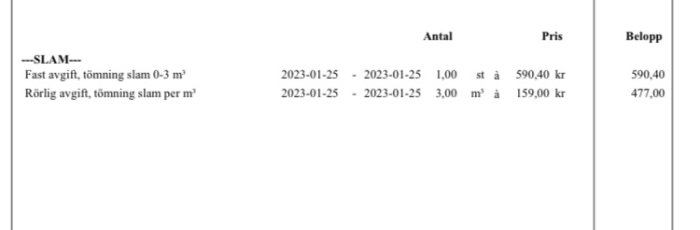 Fakturadel för slamavgifter med antal, pris och belopp, daterad 2023-01-25.