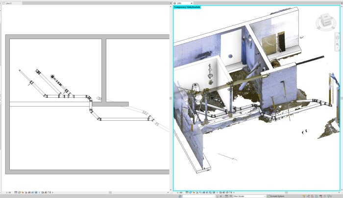 Två bilder: till vänster ritning av trappor, till höger 3D-skanning av faktiskt utrymme.