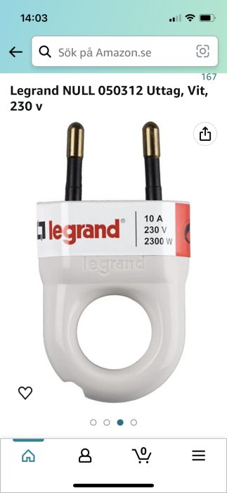 Vit Europluggadapter av märket Legrand, 230V, 10A på onlinebutiksida.