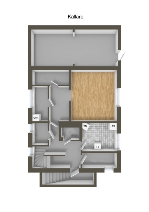 3D-planritning av en källare med rum, trappor och förvaringsutrymmen betecknade med förkortningar.