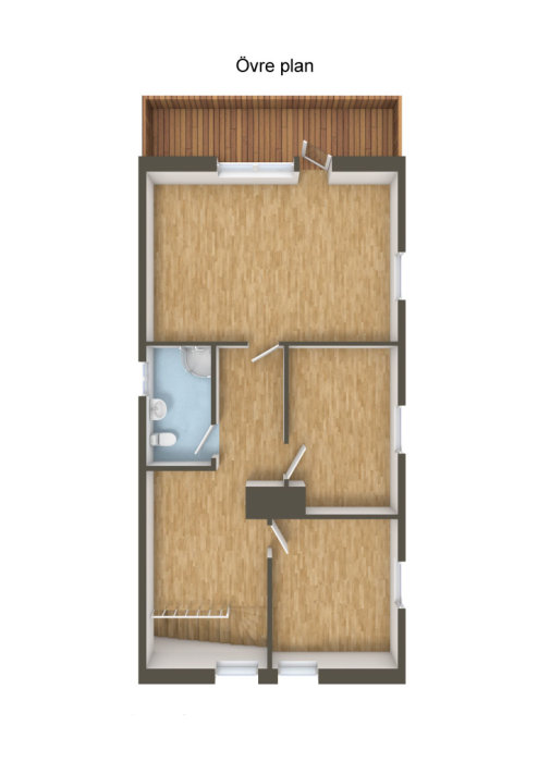 Ritning övervåning med ett sovrum, trapphus, badrum, balkong.