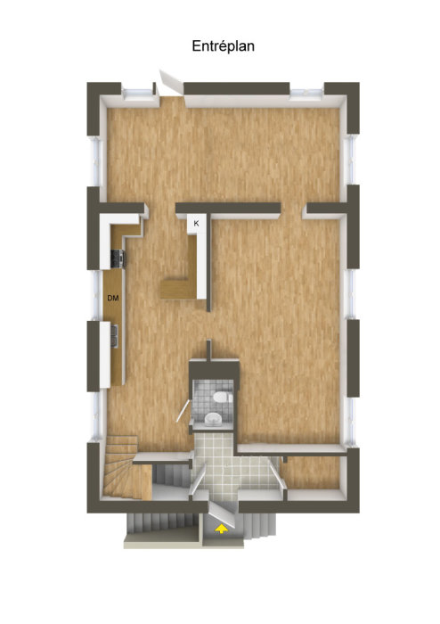 3D-planritning av entreplan i en bostad med kök, badrum och trappa.