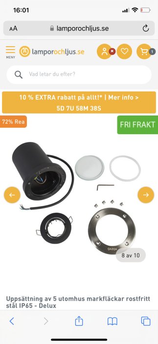 Delar för markbelysning, installation, utomhus användning, rostfritt stål, IP65, på en webbsida med rea och fri frakt.