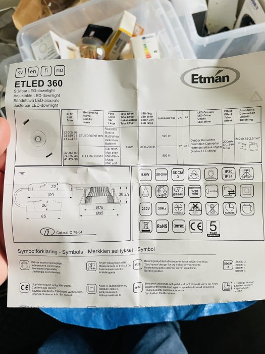 Produktblad för ETLED 360 LED-downlight med tekniska specifikationer och installationsinstruktioner på nordiska språk och engelska.