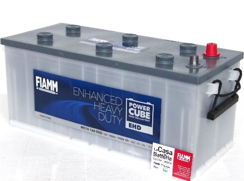 Ett Enhanced Heavy Duty-batteri från FIAMM, märkt "Power Cube", för fordon eller industribruk, på vit bakgrund.
