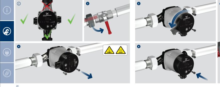 Steg-för-steg instruktioner för installation av cirkulationspump med verktyg och säkerhetsvarningar.