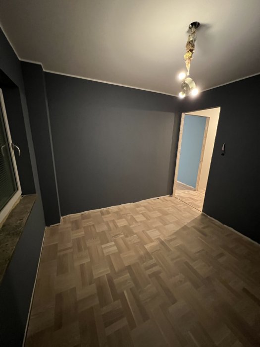Ett tomt rum med mörka väggar, trägolv, taklampa och öppen dörr.