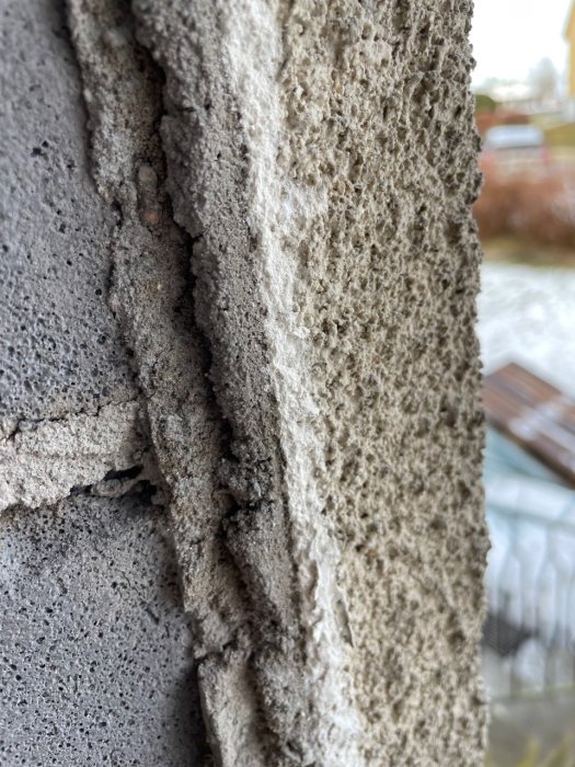 Närbild på en sprucken betongvägg med synliga texturlager och spår av förfall.