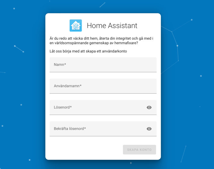 Skärmdump av användarkontoregistrering för 'Home Assistant', innehåller fält för namn och lösenord.