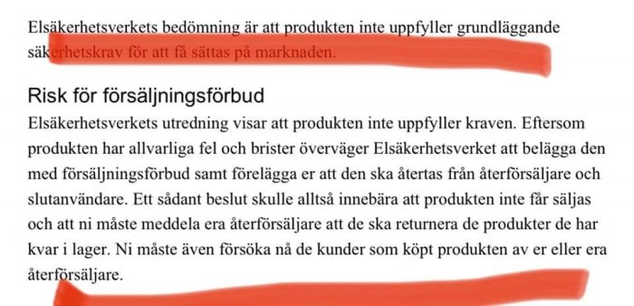 Svensk text från Elsäkerhetsverket om produkt som inte uppfyller krav, risk för försäljningsförbud.