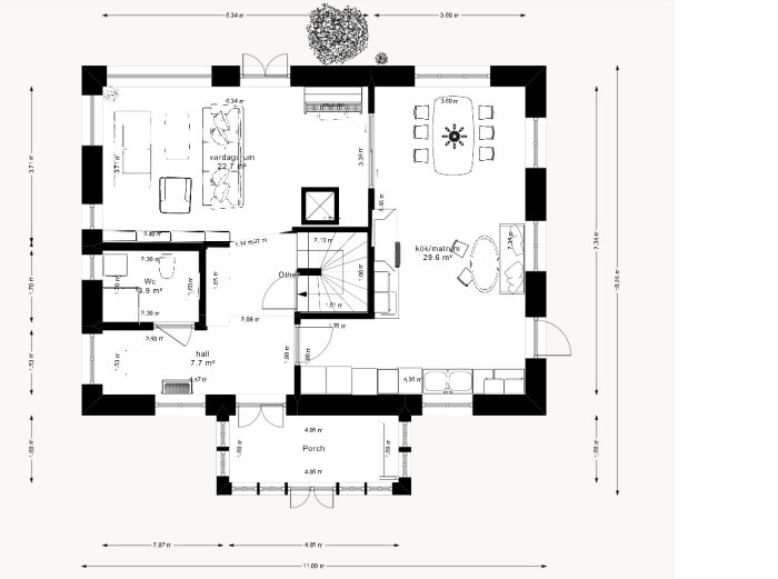 Arkitektonisk ritning, planlösning för ett hus, innehåller vardagsrum, kök, sovrum, WC, möblemang, måttangivelser.