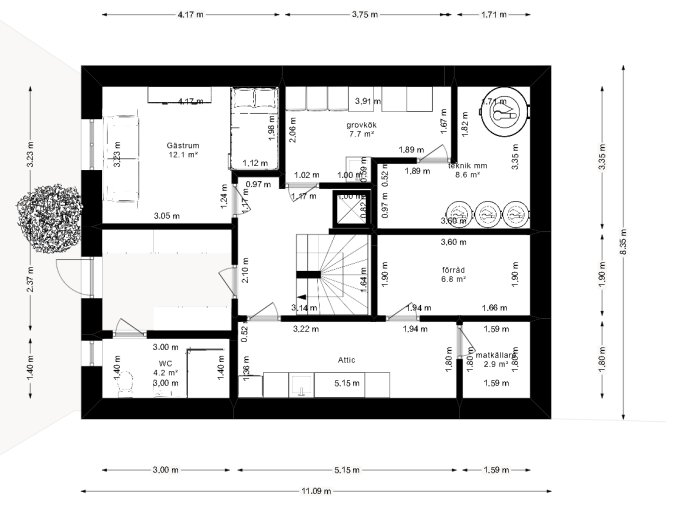 Svartvit ritning, husplan, mått, rum, trappa, entré, kök, vardagsrum, sovrum, badrum, förvaring, planlösning.