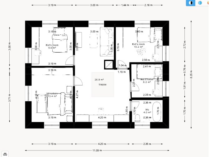 Arkitektonisk planritning av en våning med mått, rum och möblemang.