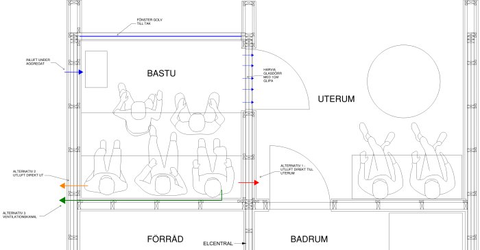 Ritning av bastu, förråd, badrum och uterum med dimensioner, möbler och ventilationssystem.