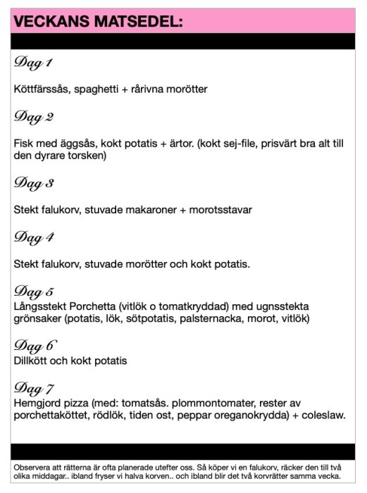 Veckomatsedel med varierade rätter: köttfärssås, fisk, falkorv, porchetta, dillkött och pizza. Inkluderar observering om måltidsplanering.