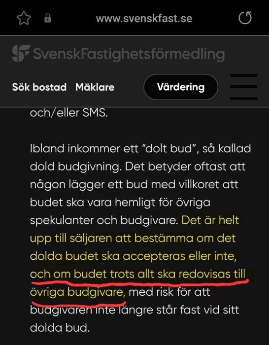 Svensk webbsida för fastighetsförmedling, diskussion om dold budgivning, mobilvänligt design, understruken text.