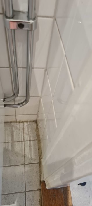 Hörn av duschutrymme, vita kakel, duschdörr handtag, smutsiga fogar, trägolv synligt, delvis personens sko.