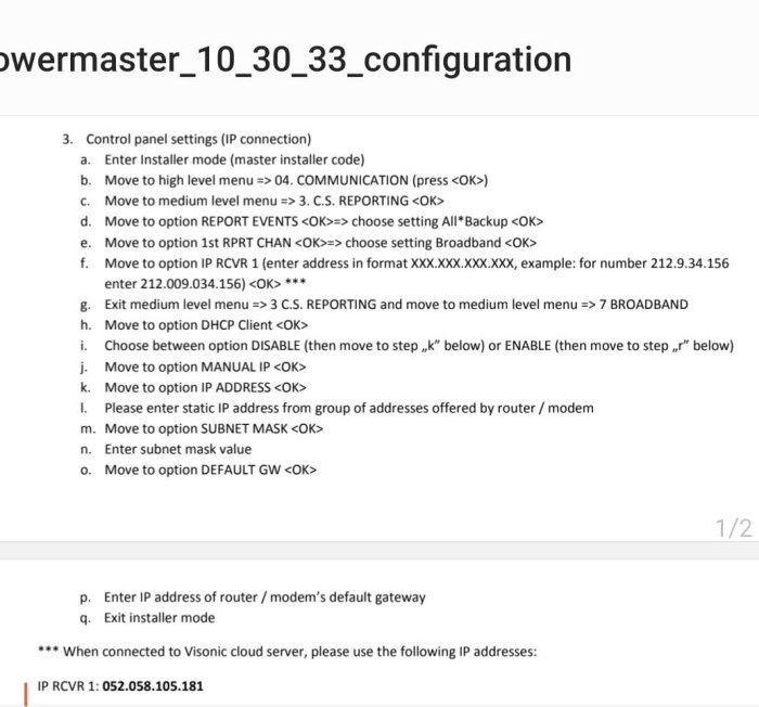 Instruktioner för konfiguration av IP-anslutning i kontrollpanel, inkluderar IP-adresser och nätverksinställningar.