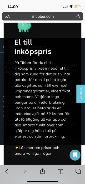 Skärmdump av webbsida som beskriver elektricitet till inköpspris, spargris-ikon, text på svenska, mobilgränssnitt.