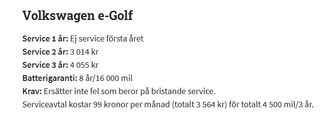 Text om Volkswagen e-Golf servicekostnader och garantier, med priser och krav specificerade.