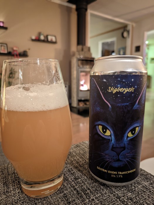 Öl i glas, burk med katt, öppen spis i bakgrunden, mysig inomhusmiljö.