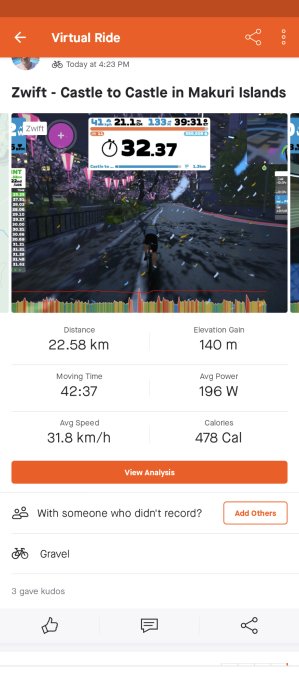 Skärmdump av en virtuell cykeltur på Zwift, visa data inklusive distans, tid, höjdökning, hastighet och kaloriförbrukning.