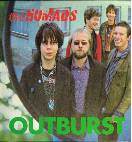 Omslagsbild av grupp bestående av fem män, albumtitel "OUTBURST", retrostil.