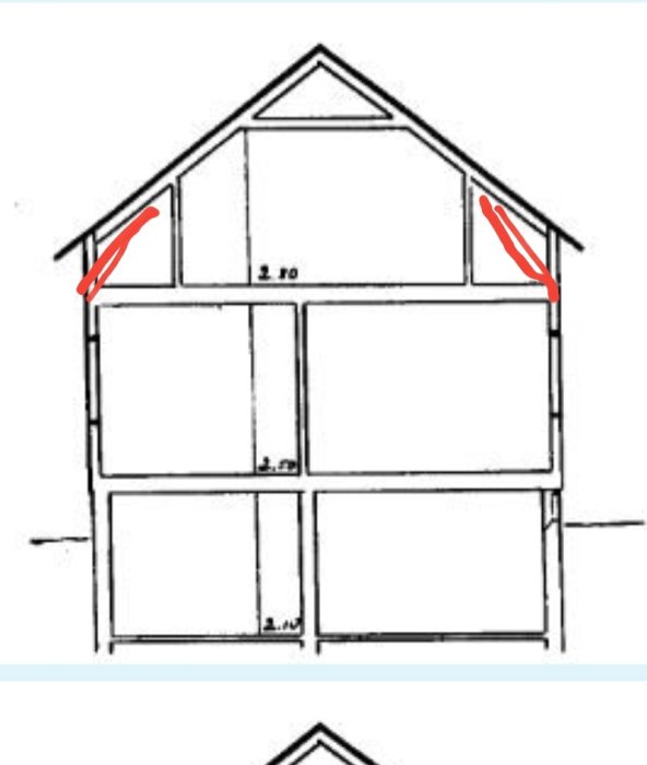 Sektionsritning av hus, teknisk, två markeringar med rött, måttsatt, enkel linjeteckning.