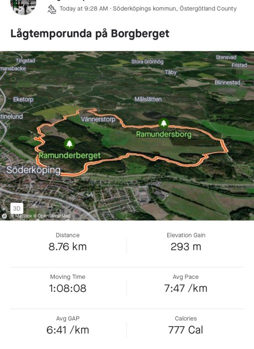 En karta visar en 8.76 km lång löprunda med 293 meters höjdvinst runt Ramunderberget i Söderköping.